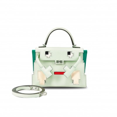 HERMÈS MASTER VERT FIZZ, NATA, ROSE TEXAS AND VERT JADE INDIGO EPSOM QUELLE IDOLE KELLY DOLL PICTO PALLADIUM HARDWARE (18*15*6cm) 